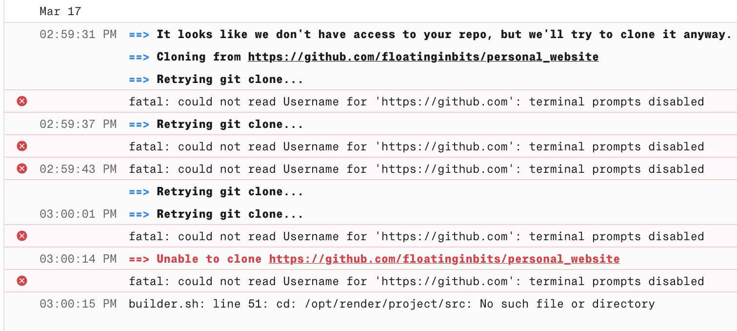 cloning failure in deployment pipeline